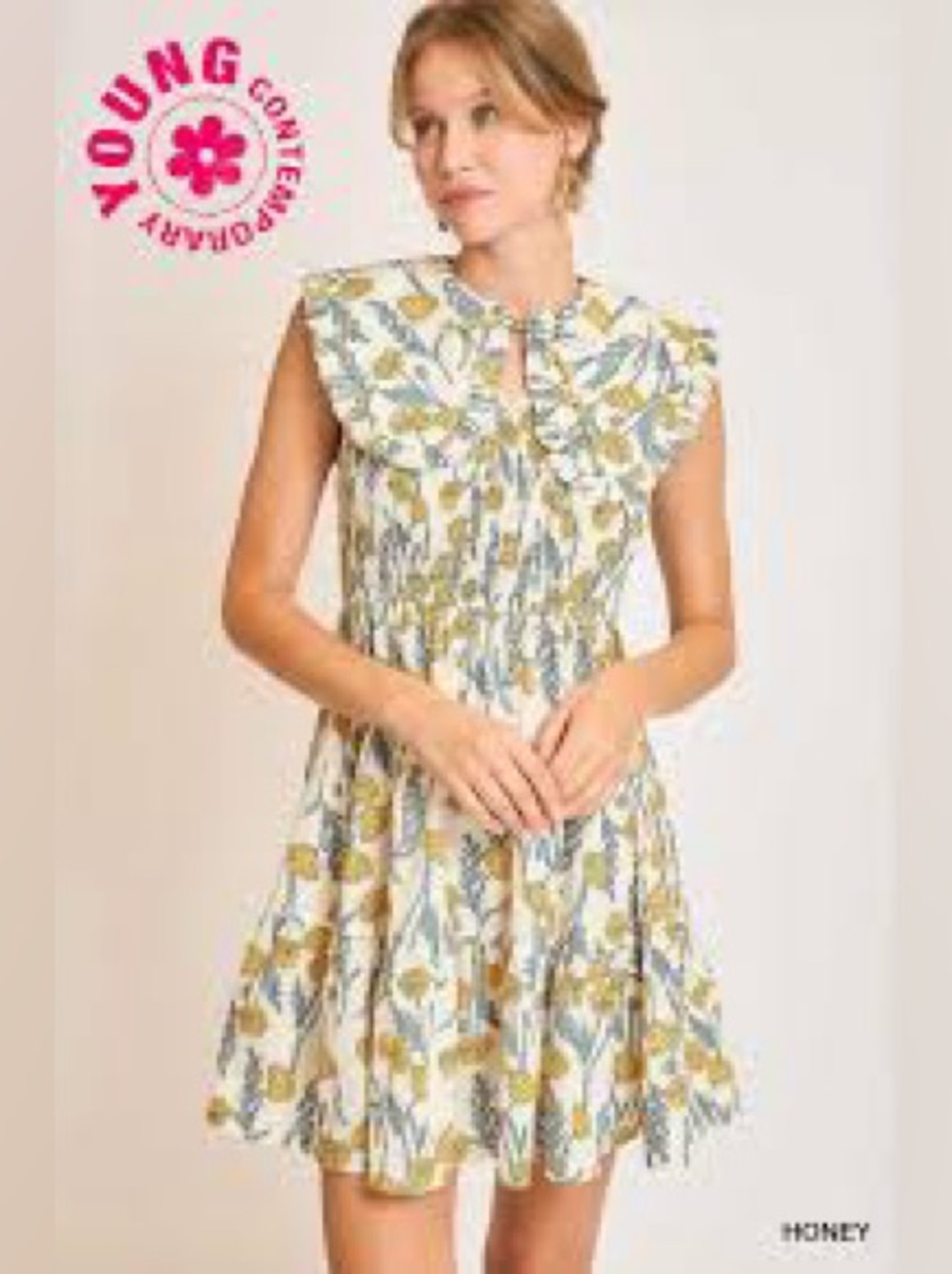 Umgee Honey Smocked Dress Cream Floral Button-Front Yellow Peter Pan collar